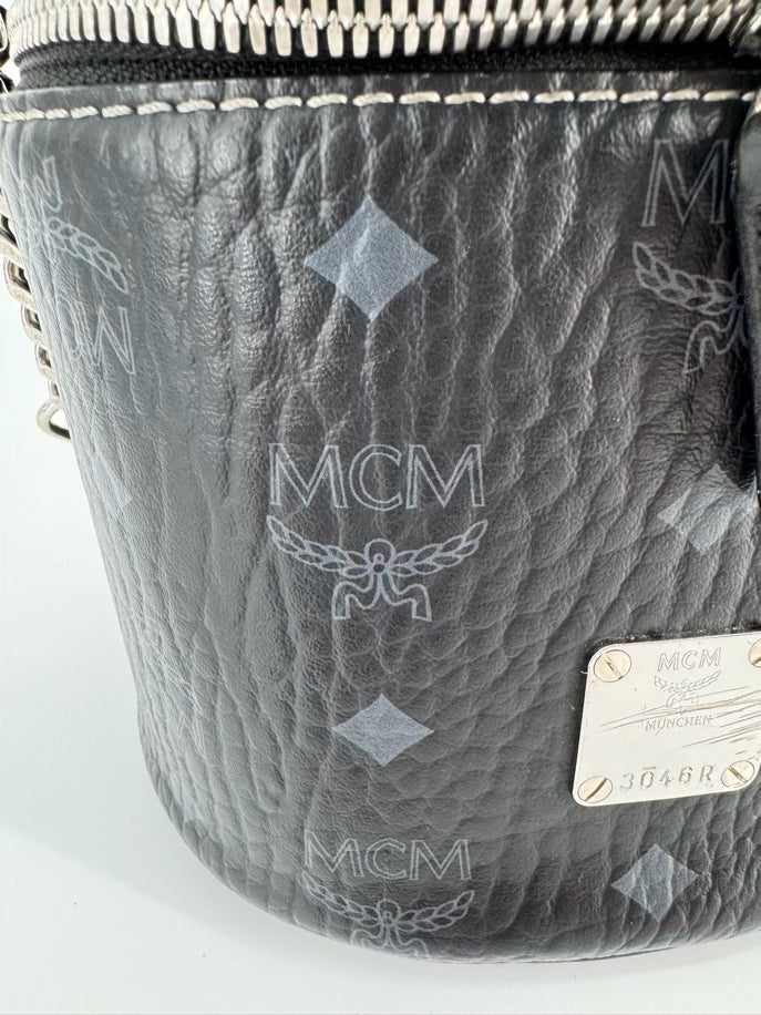 MCM Black Leather Visetos Cylinder Crossbody Bag