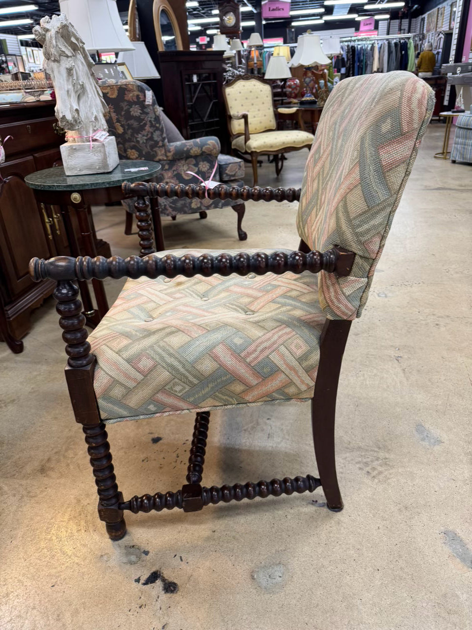 VINTAGE Bobbin Wood Upholstered Chair