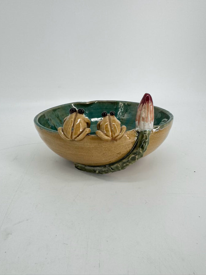 Green & Tan Pottery Frogs Small Bowl