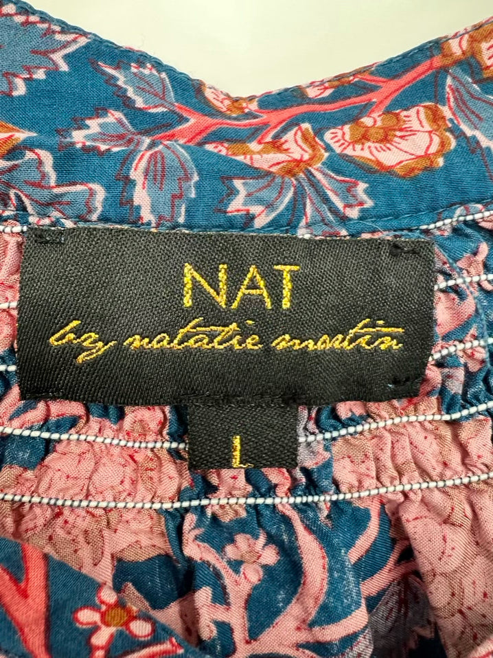 NAT by NATALIE MARTIN Size L Blue & Rust Print Floral Blouse