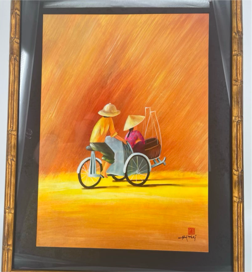 Bicycle on Orange Background in Gold Bamboo Frame Painting