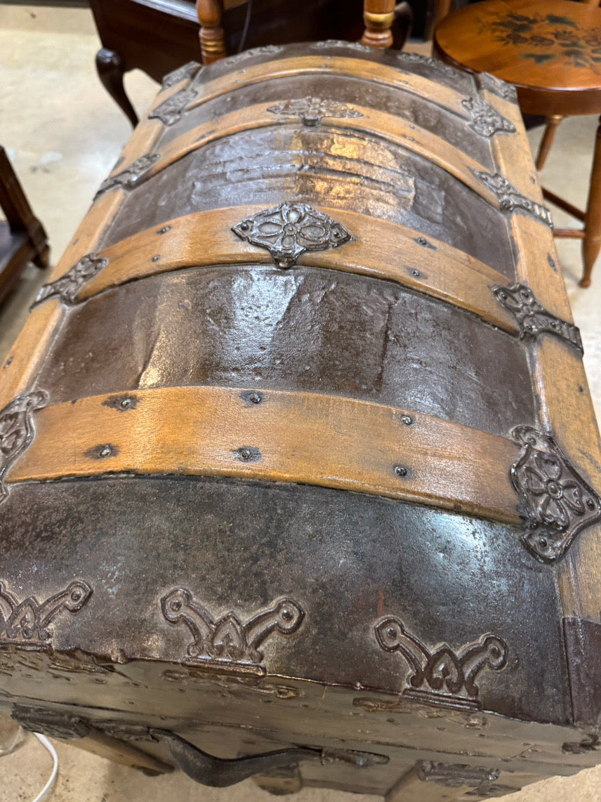 ANTIQUE Wood & Tin Rounded Top Trunk