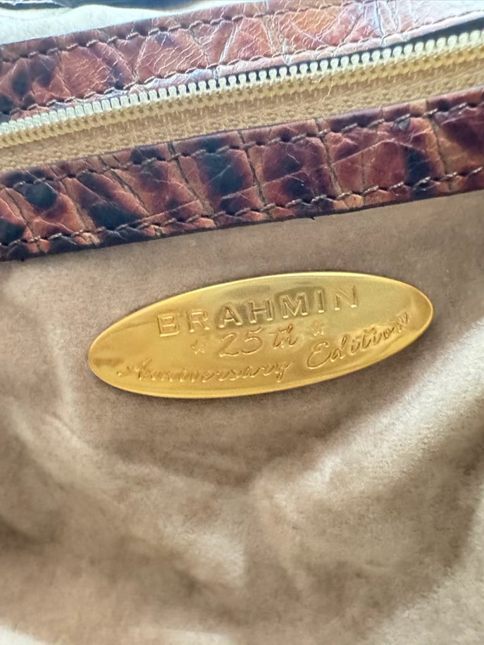 BRAHMIN Cognac Crocodile Leather Claire Bucket Bag