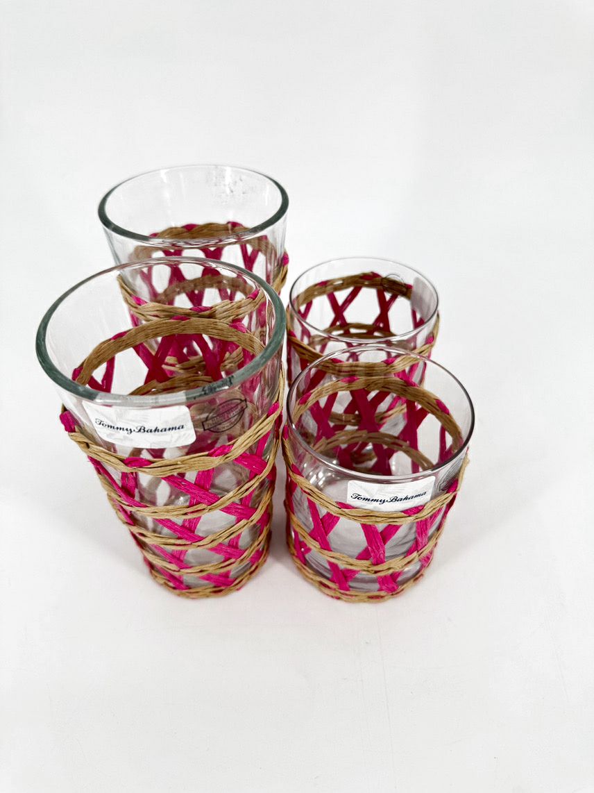 TOMMY BAHAMA Pink Raffia Lattice Set of 4 Glasses