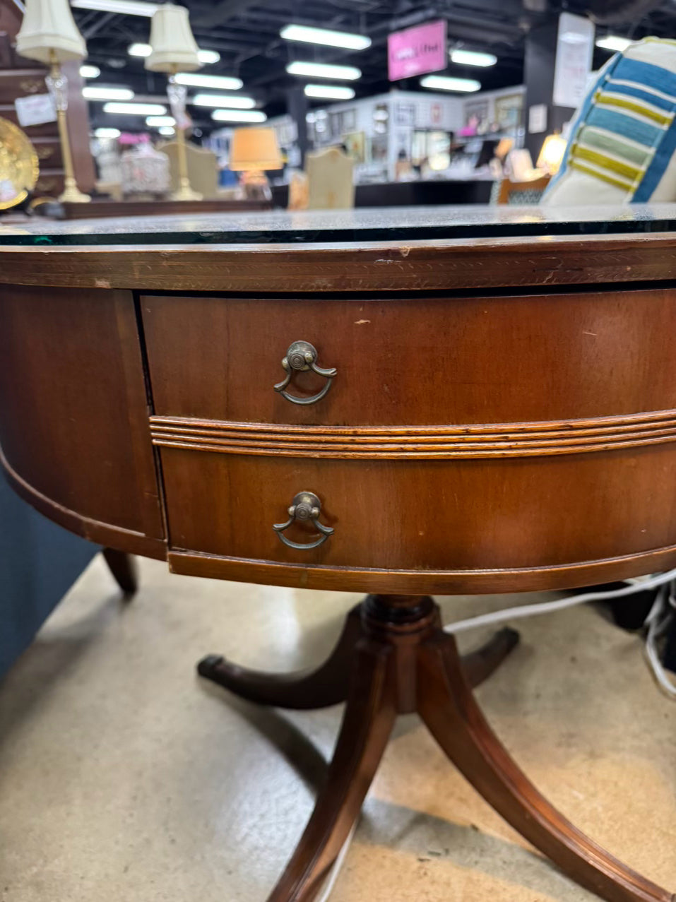 VINTAGE Wood & Leather Round Glass-top Occasional Table