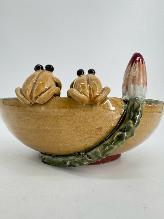 Green & Tan Pottery Frogs Small Bowl