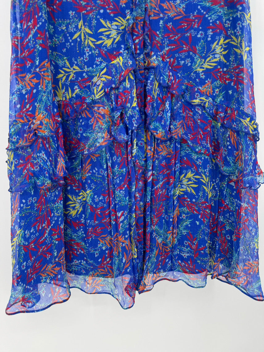 SALONI Size 10 Cobalt Foliage Print Ruffle Sleeveless Dress