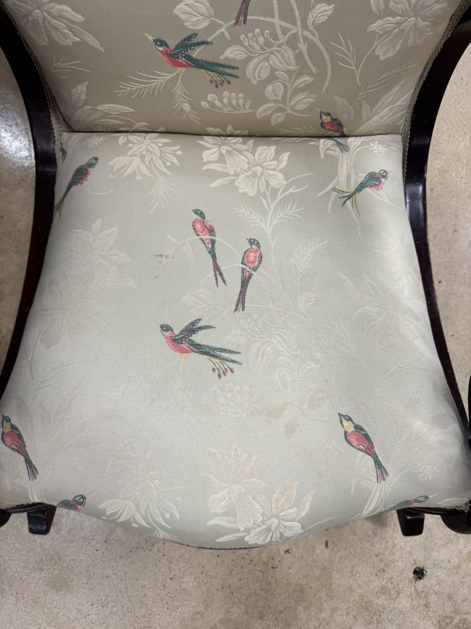 VINTAGE Wood Cream, Pink & Green Birds Upholstered Rocking Chair