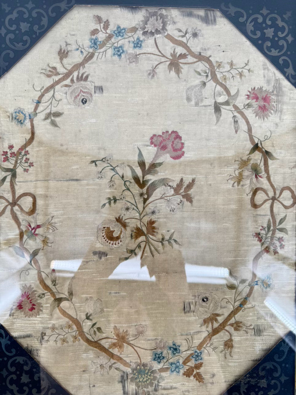 VINTAGE Silk Needlework in Antique Wood Frame