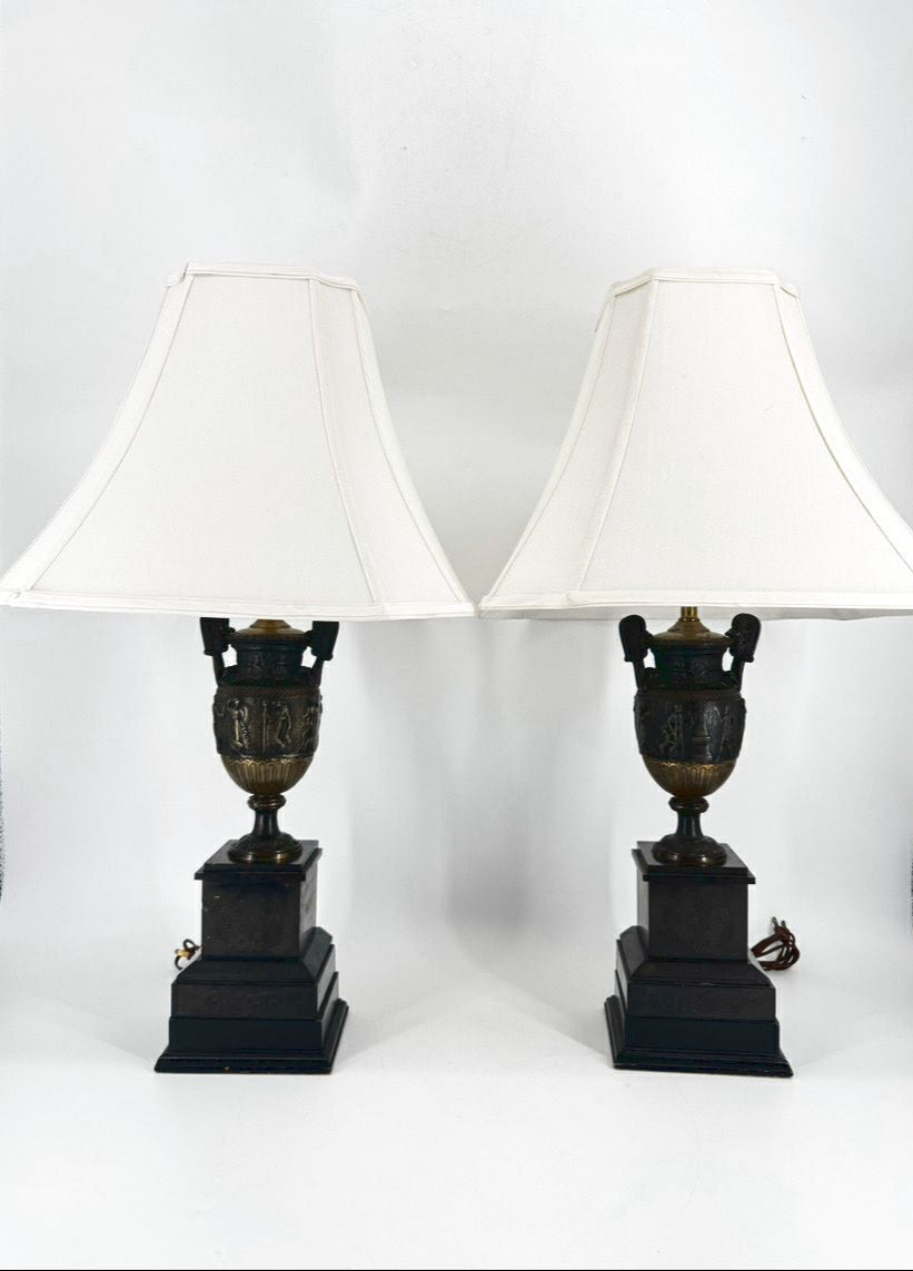 Black Neoclassical Urn Style Figural Pair of Lamps