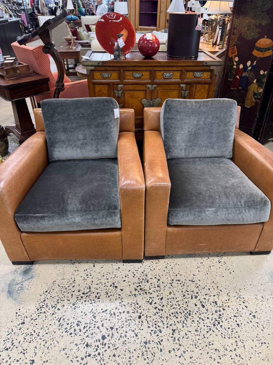 BAKER Brown & Green Coach Leather & Mohair Pair of Club Chairs