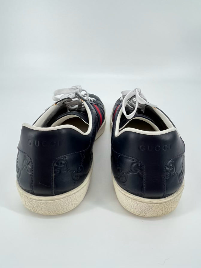 GUCCI Size 11 Navy & Red Leather Logo Ace Sneakers