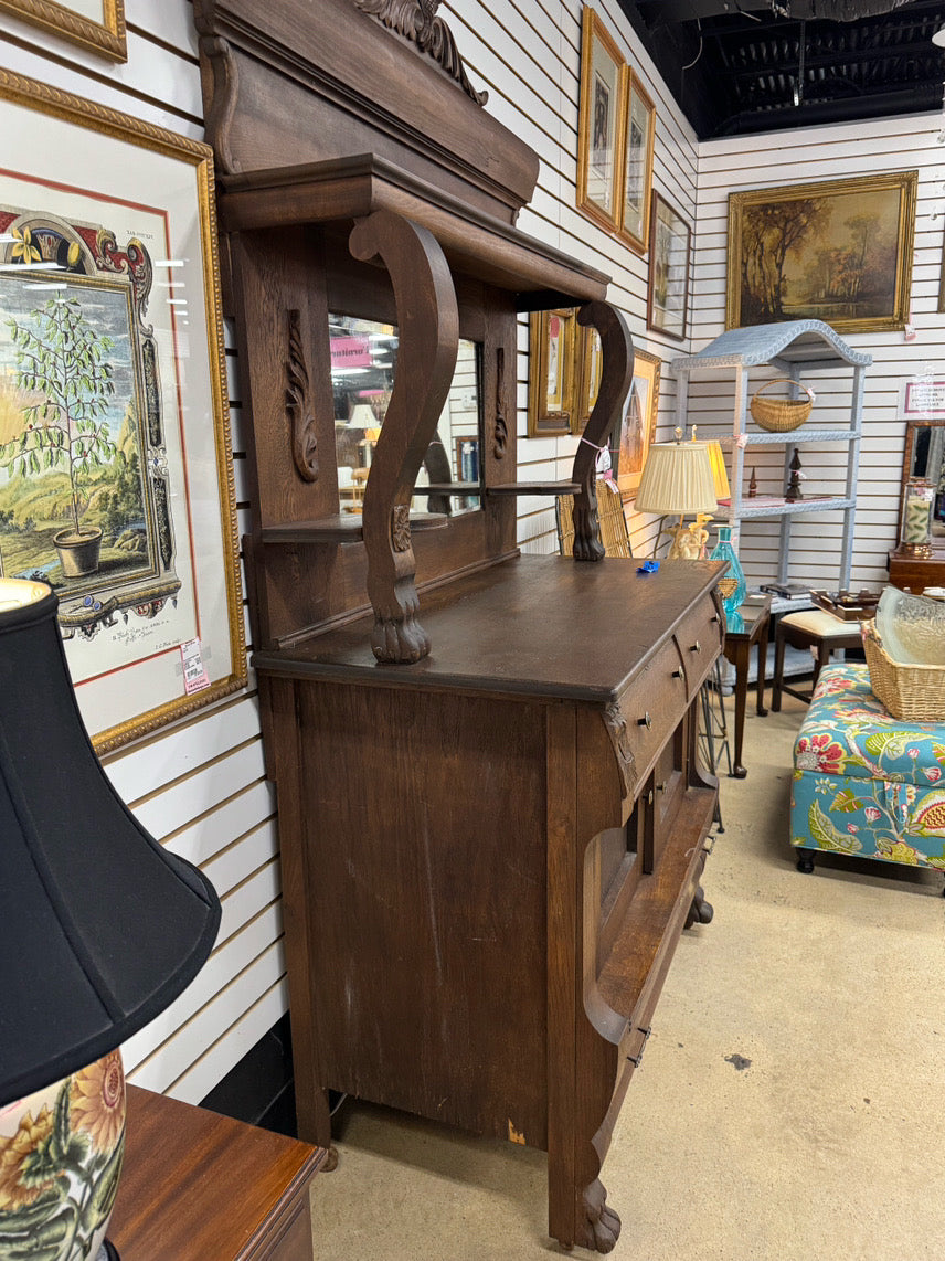 ANTIQUE Oak Mirror-Back 2-Tier Buffet