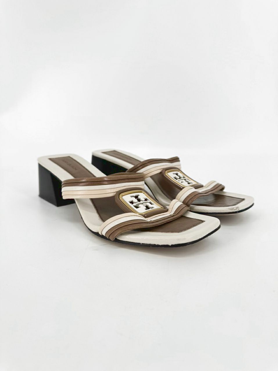 TORY BURCH Size 8.5 Brown & Cream Leather Logo Kitten Heels