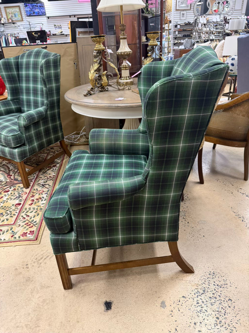 Green & White Plaid Tartan Pair Of Wing Back Chairs