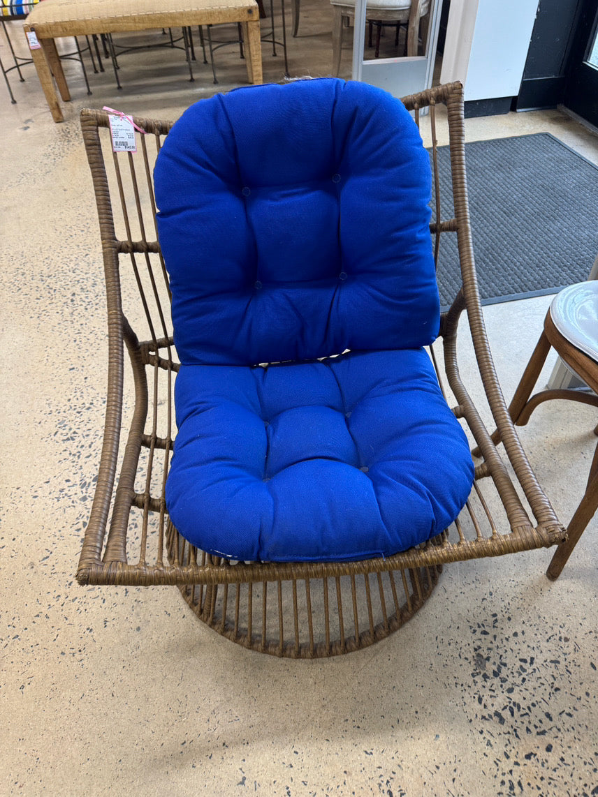 Tan Wicker Chair w/ Blue Cushions