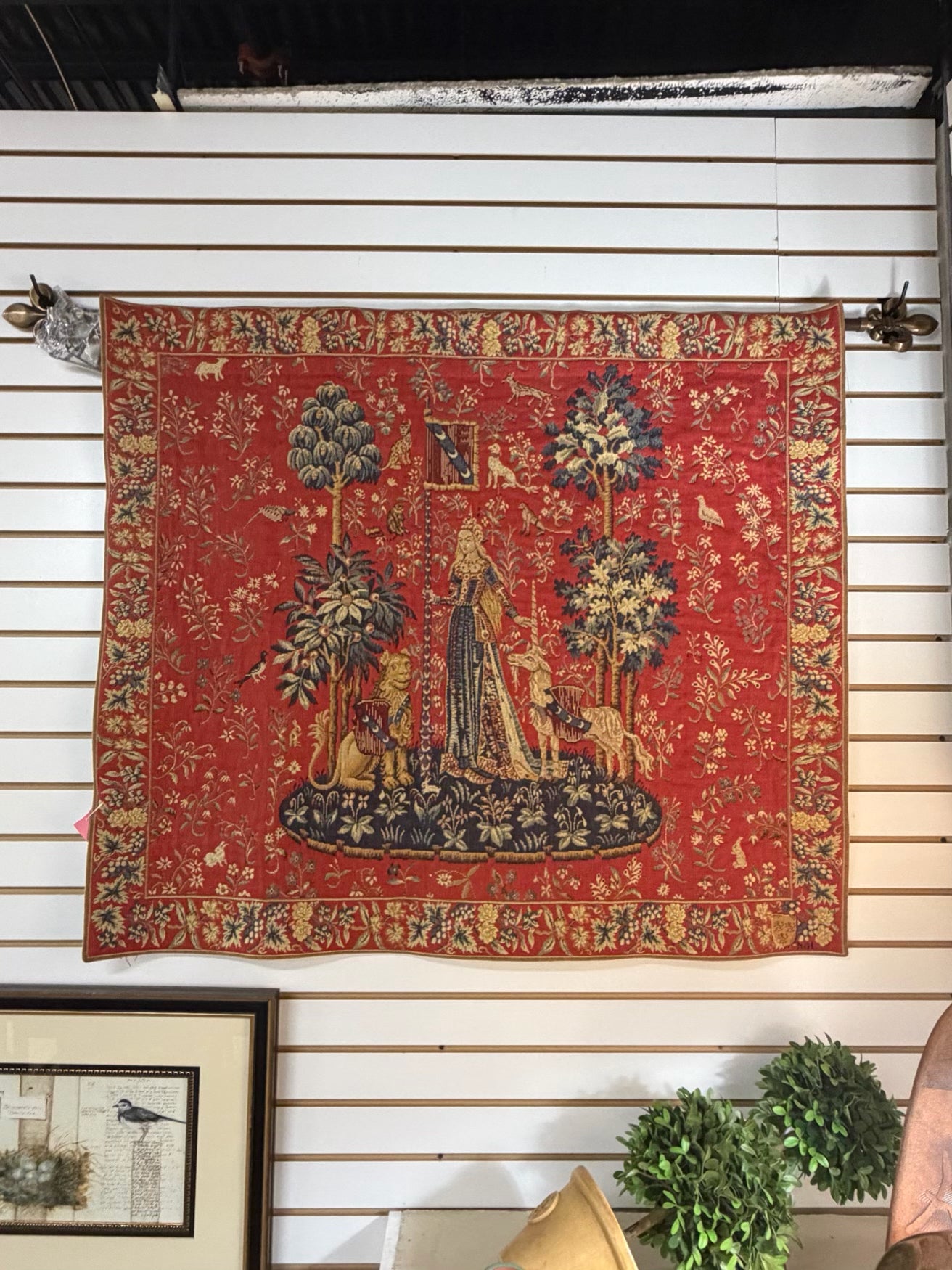 Red & Gold French Lady With Unicorn Fabric Tapestry