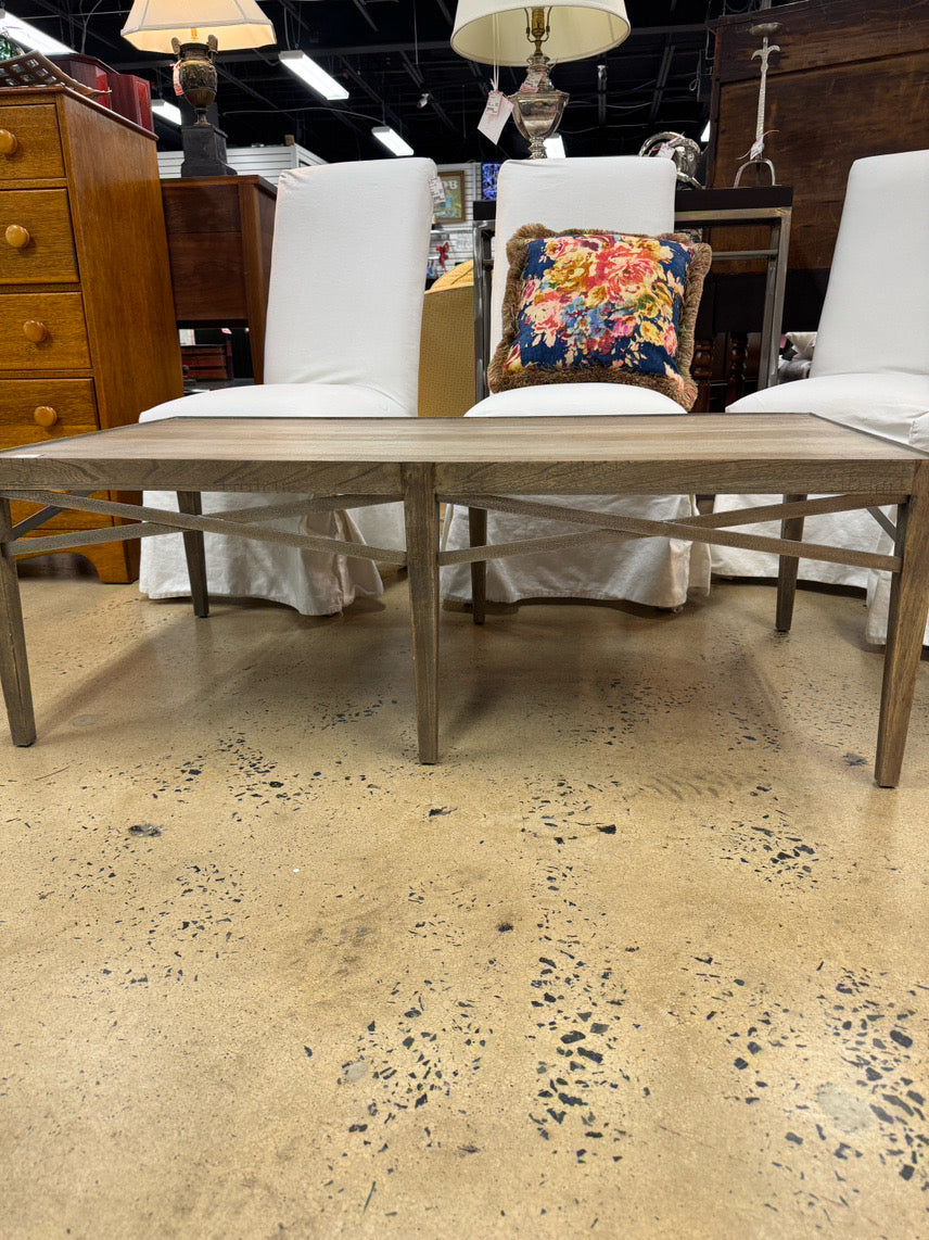 Wood Gray Wash Coffee Table w/ Metal Stretchers Detail
