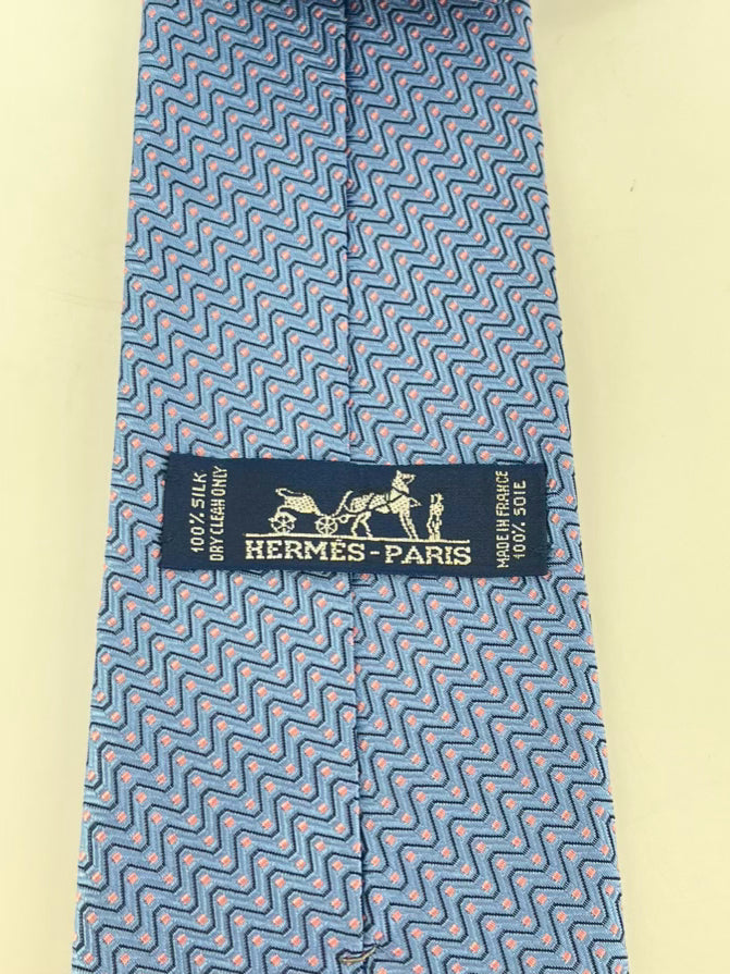 HERMES Blue & Pink Zig Zag Print Tie