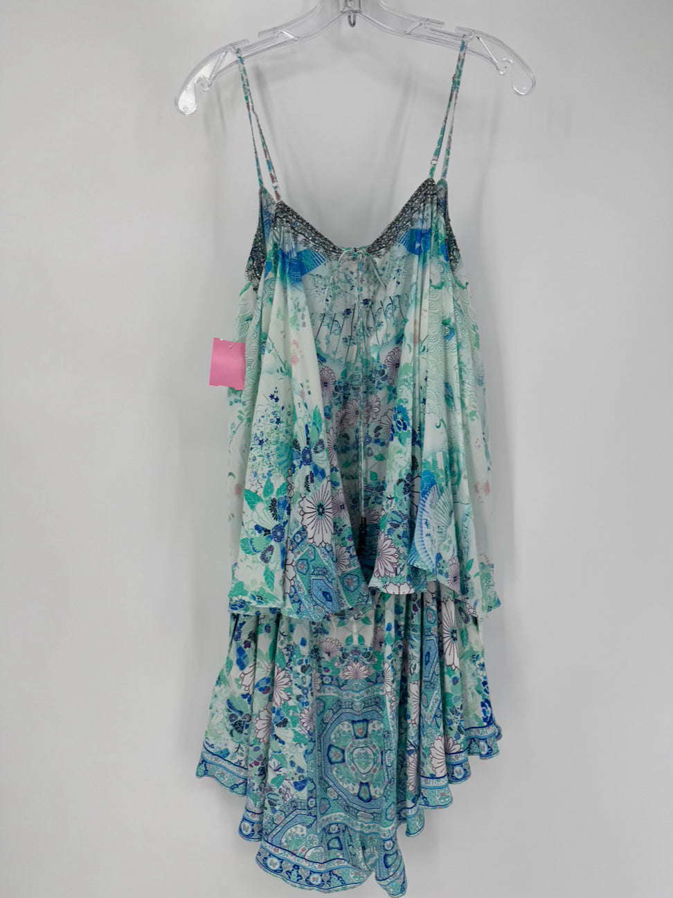 CAMILLA Size L Teal Floral Jeweled Silk Romper