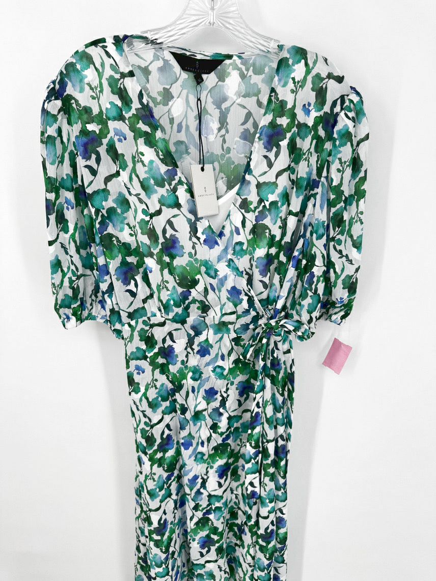 ABBEYGLASS Size XL Green & White Print Wrap Diane Dress w/ Slip NWT