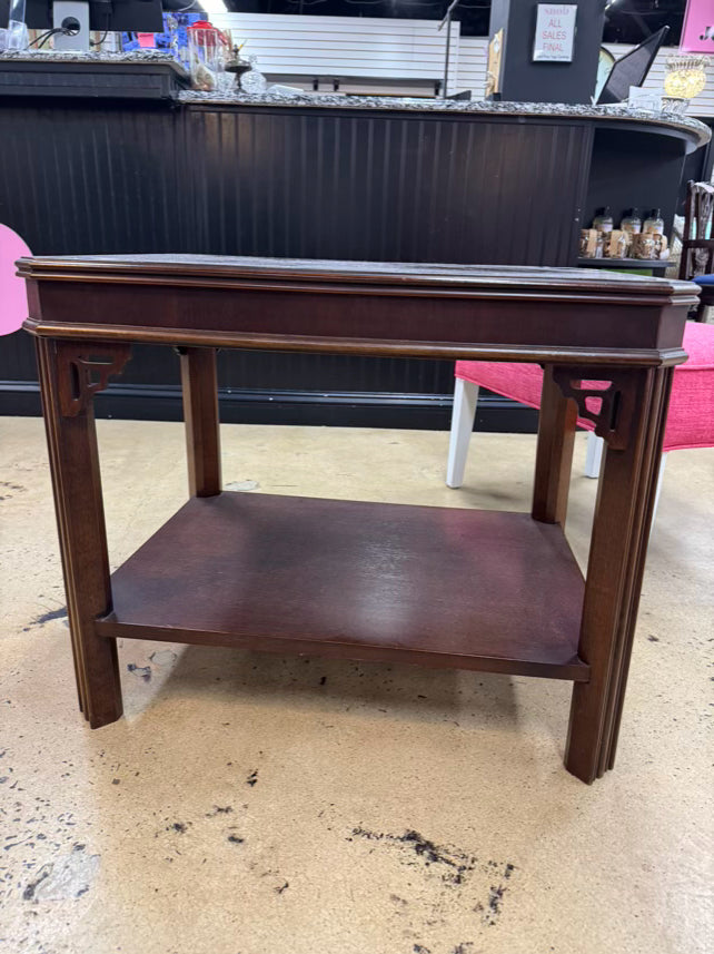 Wood Inlay Chippendale End Table w/ Bottom Shelf