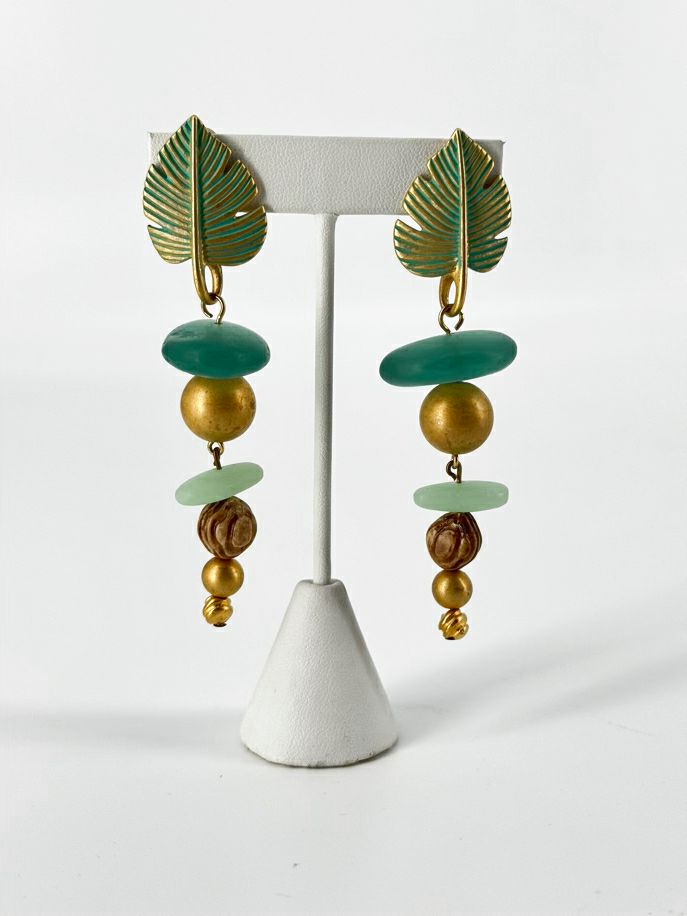GIVENCHY Gold Tone Green Leaf Long Beaded Clip On Earrings