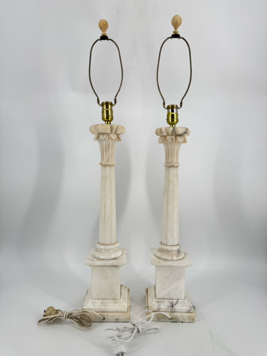 White Alabaster Neoclassical Column Pair of Lamps