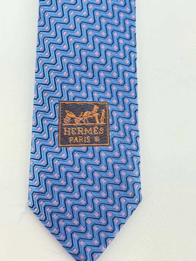 HERMES Blue & Pink Zig Zag Print Tie