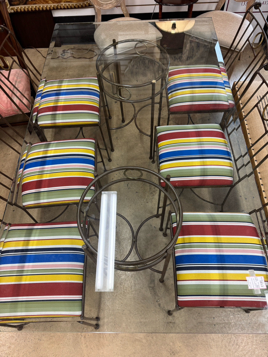 Wrought Iron & Glass Table w/ 6 Multicolor Stripe Upholstered Chairs