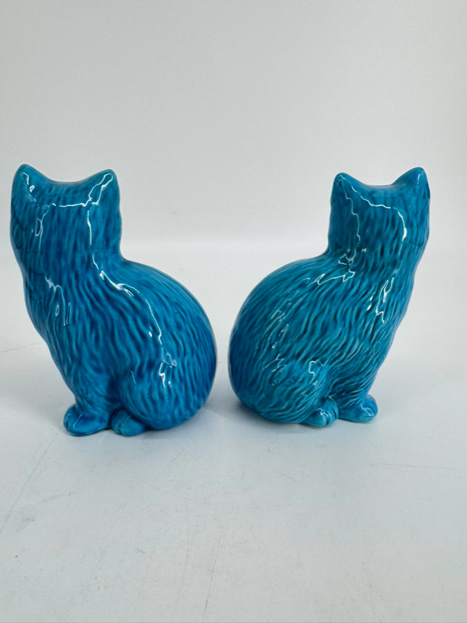 VINTAGE Blue Ceramic Pair of Cat Figurines