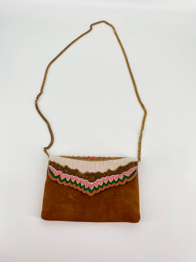 NAHUA Camel Beaded Suede Crossbody Bag