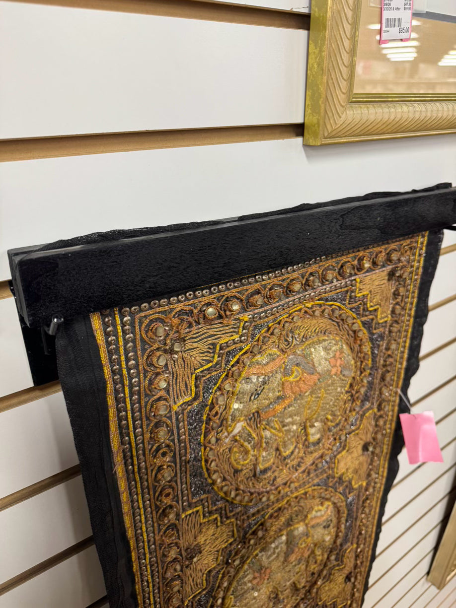 Gold & Black Embroidered Elephant Tapestry