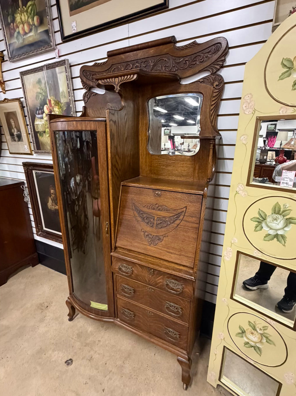 ANTIQUE Medium Oak Rounded Side by Side Secretary No Shelves