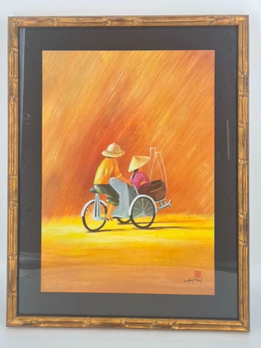Bicycle on Orange Background in Gold Bamboo Frame Painting