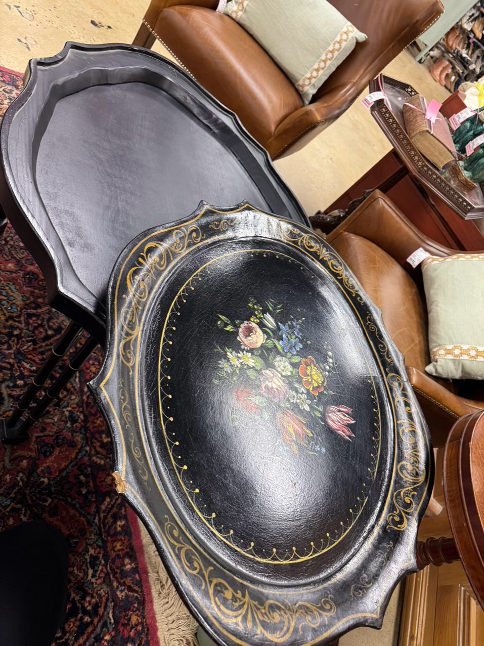 VINTAGE Wood Painted Black Flowers Coffee Table w/ Removable Tray