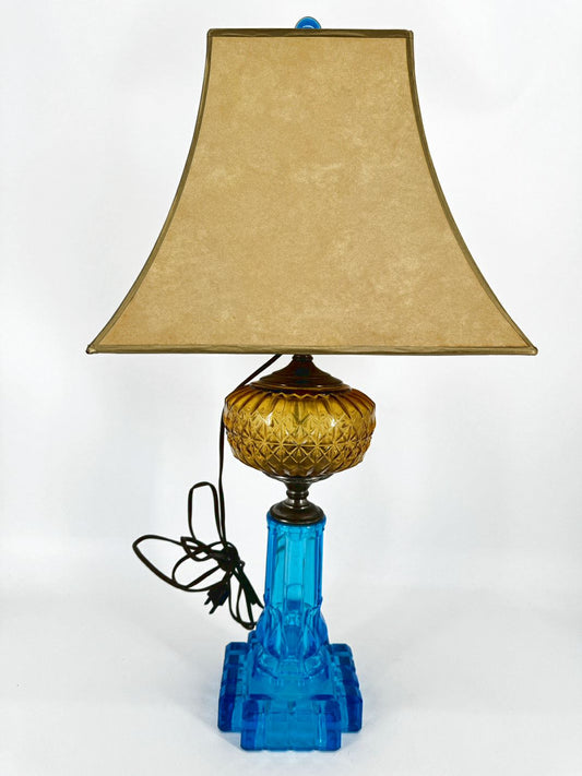 VINTAGE Blue & Amber Glass Lamp