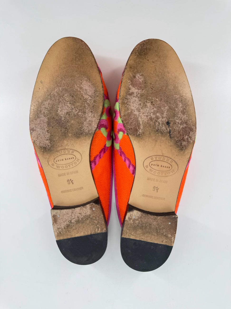 STUBBS & WOOTTON Size 9.5 Orange & Pink Leather & Fabric Knot Mules
