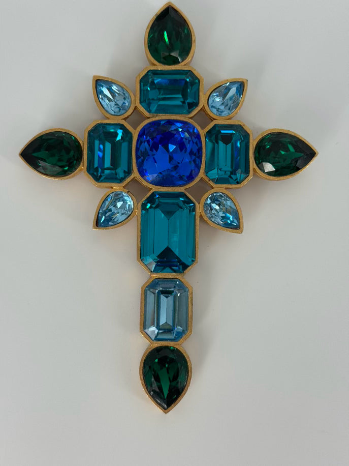 MARY FROST Gold Tone Colorful Rhinestones Cross Brooch