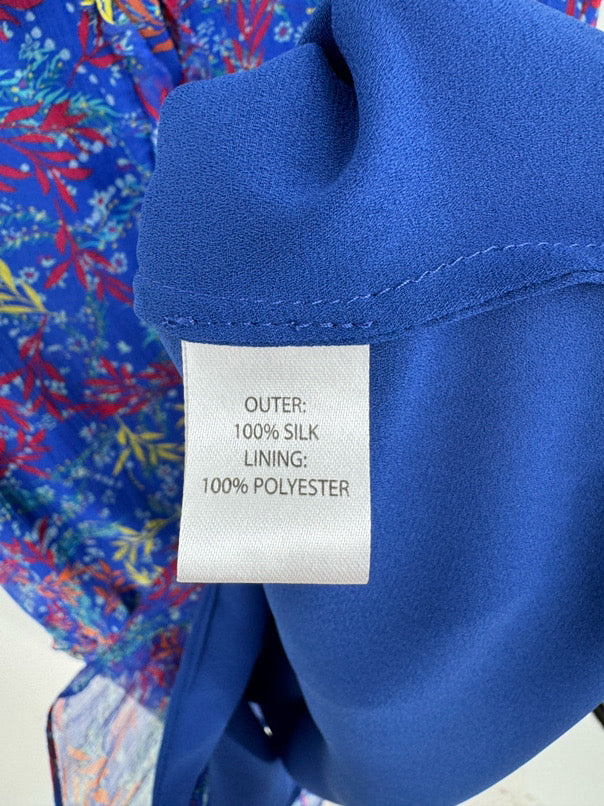 SALONI Size 10 Cobalt Foliage Print Ruffle Sleeveless Dress