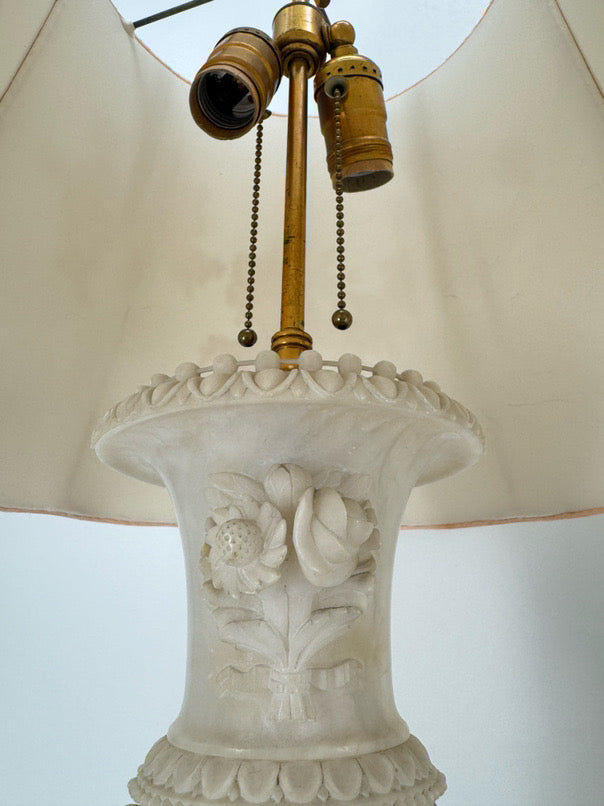 White Carved Alabaster w/ Brass Trim & Lace Embroidered Shade Pair of Lamps