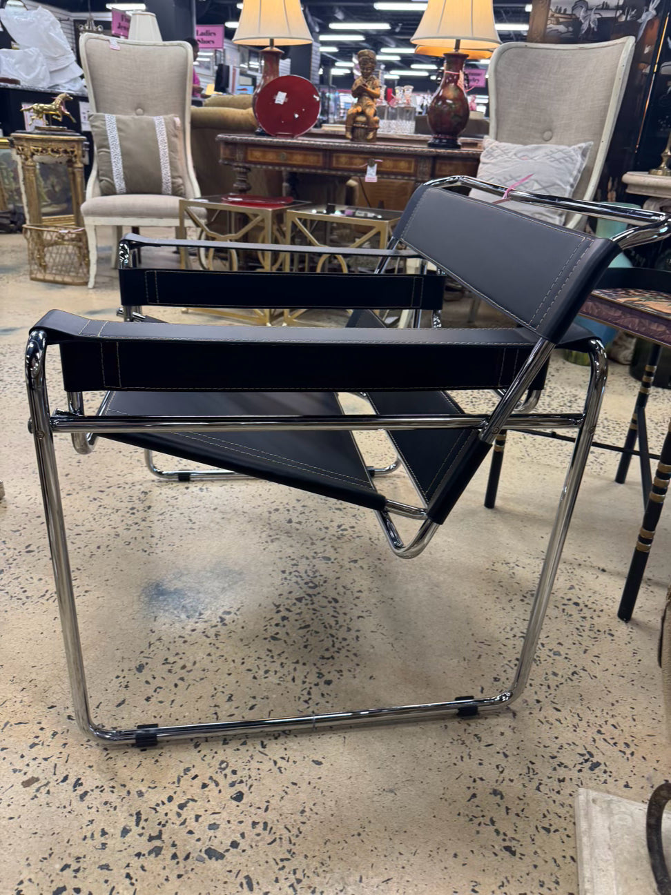 Silver & Black Metal & Faux Leather Mid Century Modern Chair