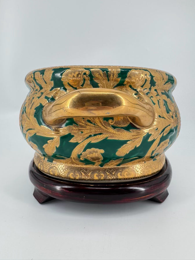 Green & Gold Fish & Flowers Porcelain Planter w/ Wood Stand