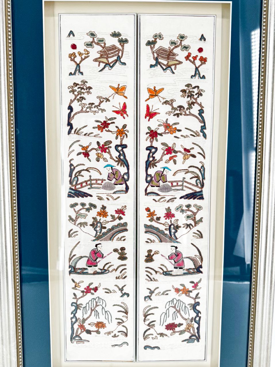 Cream Needlework Embroidered Silk Panels in Brushed Silver Shadow Box Frame