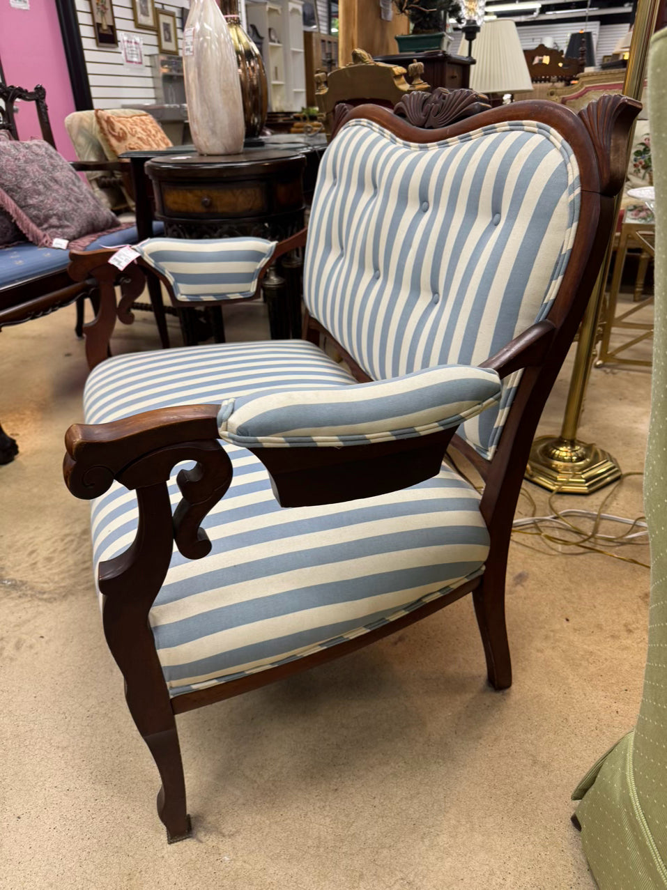 ANTIQUE Wood & Blue & White Stripe Upholstery Victorian Love Seat