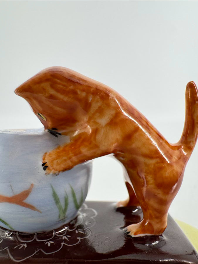LIMOGES Orange & Blue Cat & Fishbowl Ceramic Trinket Box