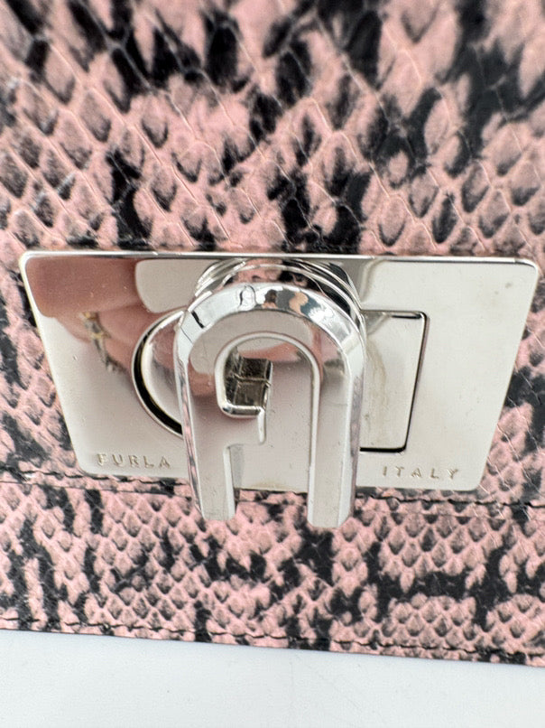 FURLA Pink & Black Snakeskin Print Leather Crossbody Bag
