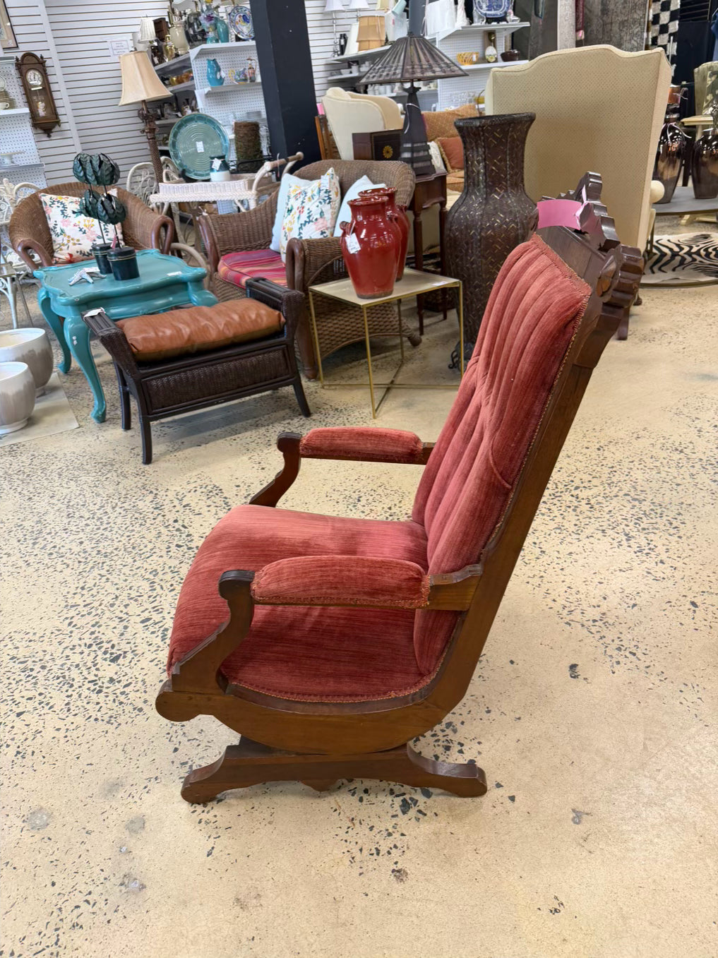 Victorian Wood Rose Velvet Rocking Chair