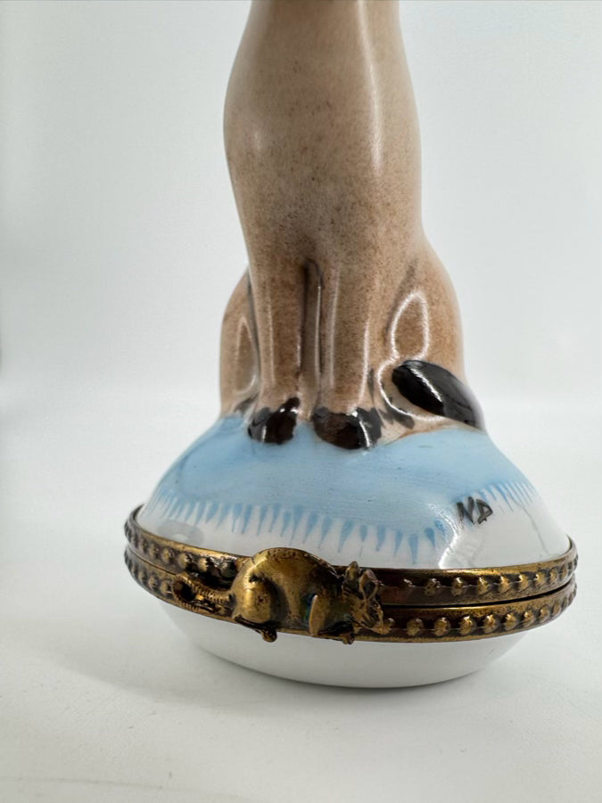 LIMOGES Gray & Blue Siamese Cat Ceramic Trinket Box