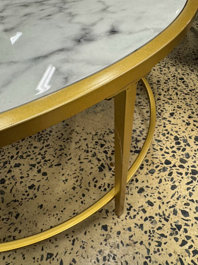 Gold & White Metal & Faux Marble Top Round Coffee Table